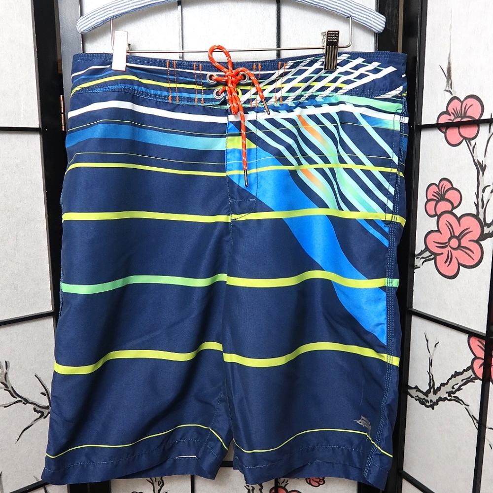 Tommy Bahama Navy and Lime Striped Board Shorts Size 34